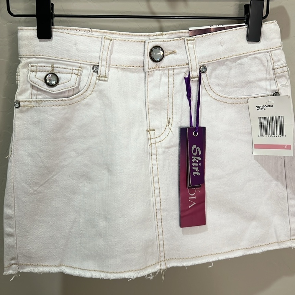 Vigoss Skirt Jean Girl Size 10 White Adjustable Waist Bling Rhinestone Fray Mini - Picture 3 of 10